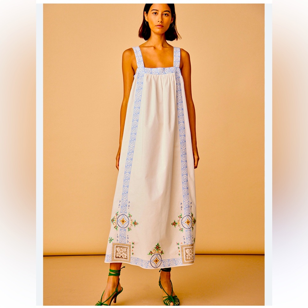 HUNTER BELL , Sailor Dress Smocked Maxi Resort Wear, Color Mosaic Embroidery sz2